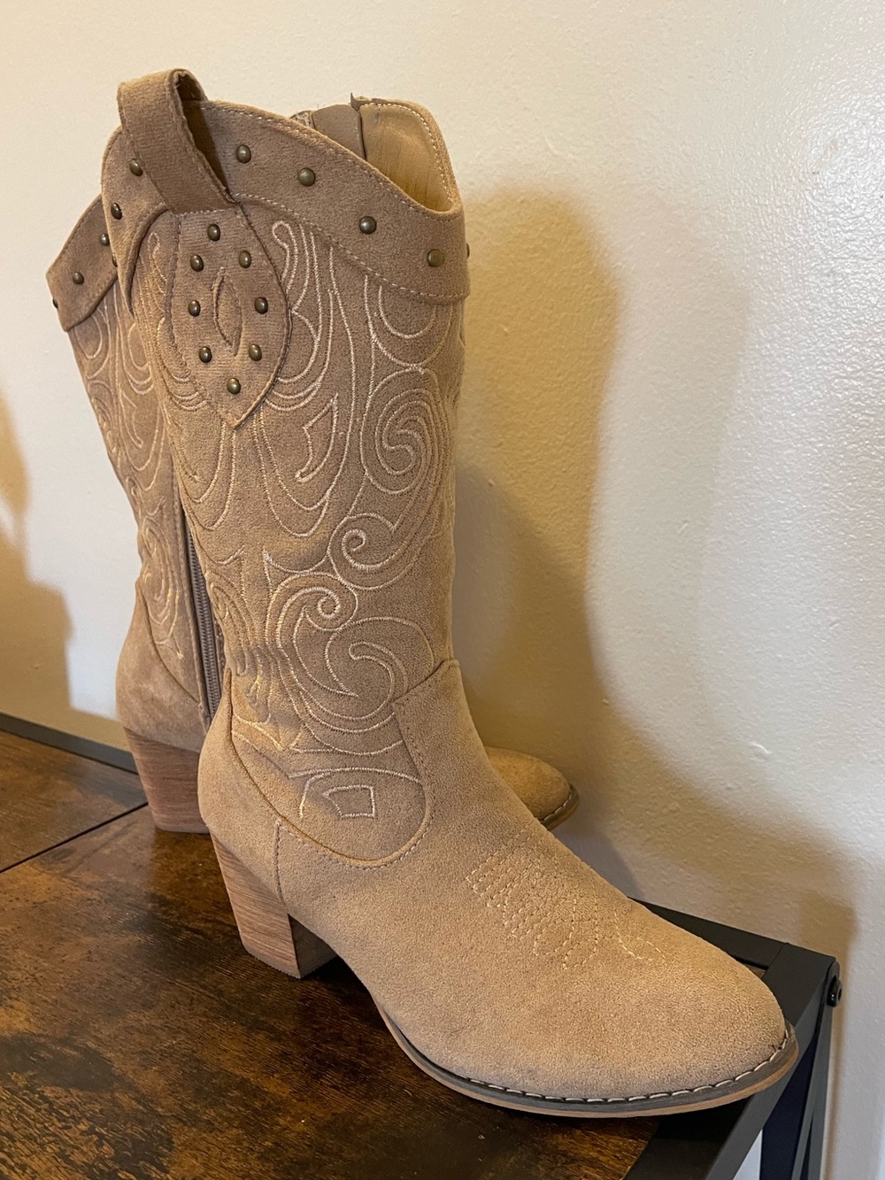 Women's Tan Suede Western Mid-Calf Boots - Picture 2 of 7